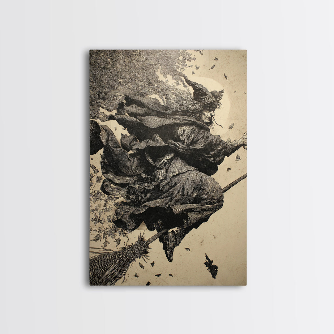 The Witch'S Broom, Renaissance Engraving Art, Vertical Wall Art, Gothic Horror Wall Art, Canvas Print, Halloween Wall Art
