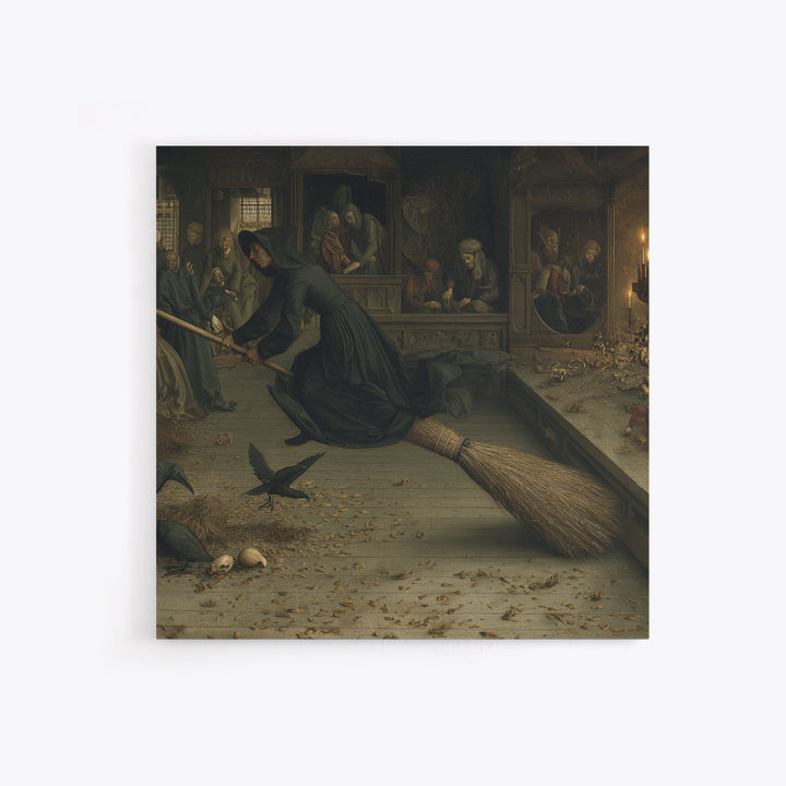 The Witch'S Broom, Danse Macabre Art, Square Wall Art, Dark Halloween Decor, Framed Canvas Print, Halloween Wall Art
