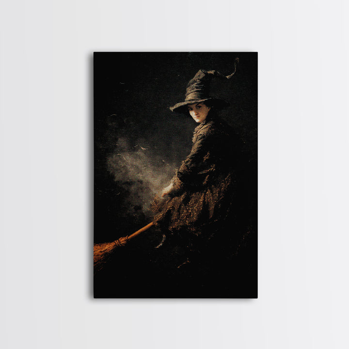 The Witch'S Broom, Dark Romantic Horror Art, Vertical Wall Art, Dark Halloween Decor, Framed Canvas Print, Halloween Wall Art
