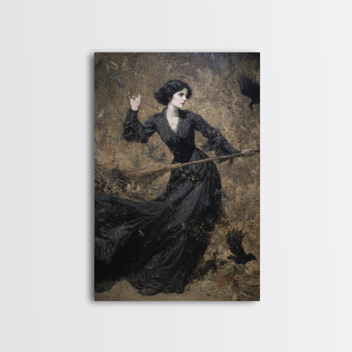 The Witch'S Broom, Ornate Symbolist Art, Vertical Wall Art, Dark Halloween Decor, Framed Canvas Print, Halloween Wall Art