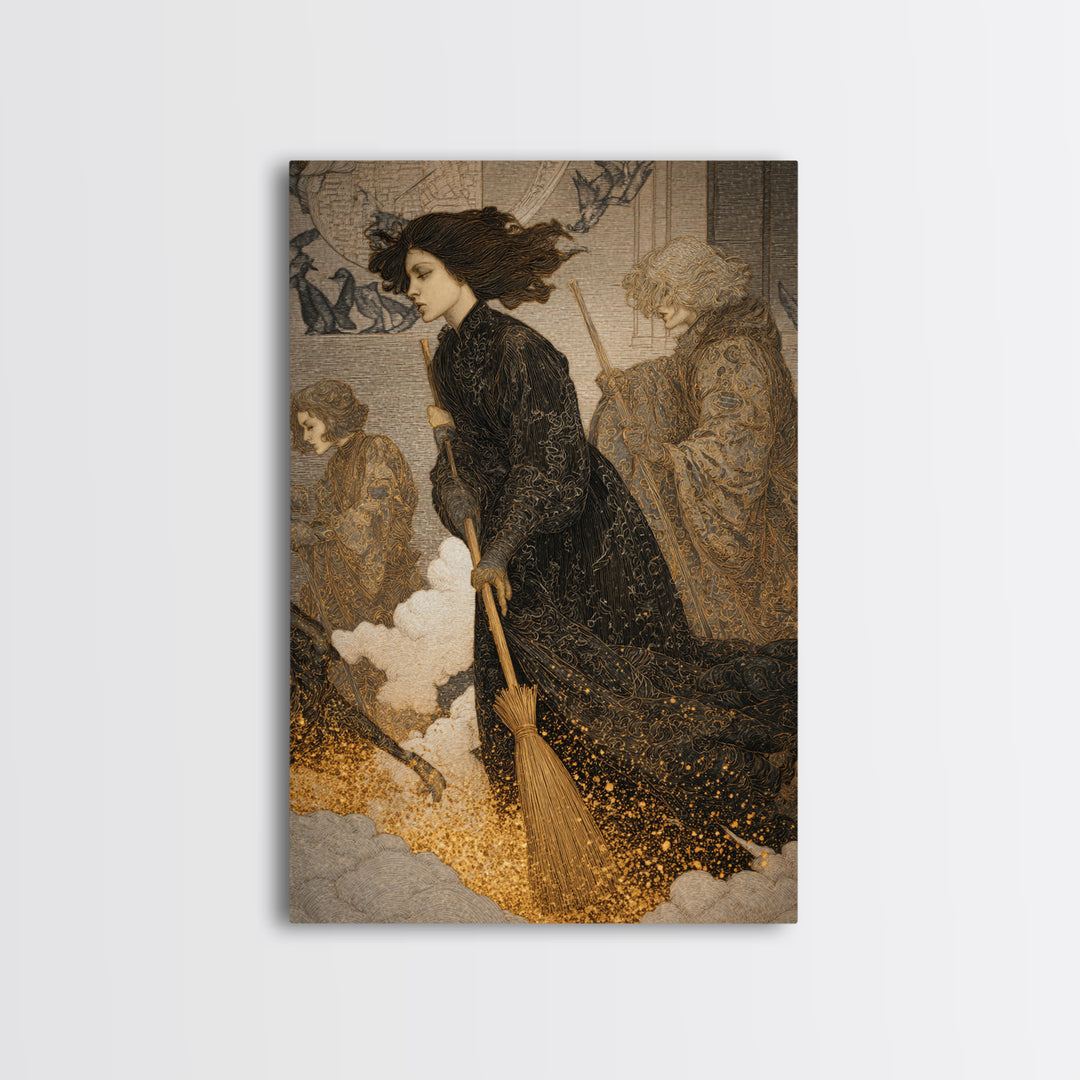 The Witch'S Broom, Symbolist Death Art, Vertical Wall Art, Macabre Wall Art, Framed Canvas Print, Halloween Wall Art