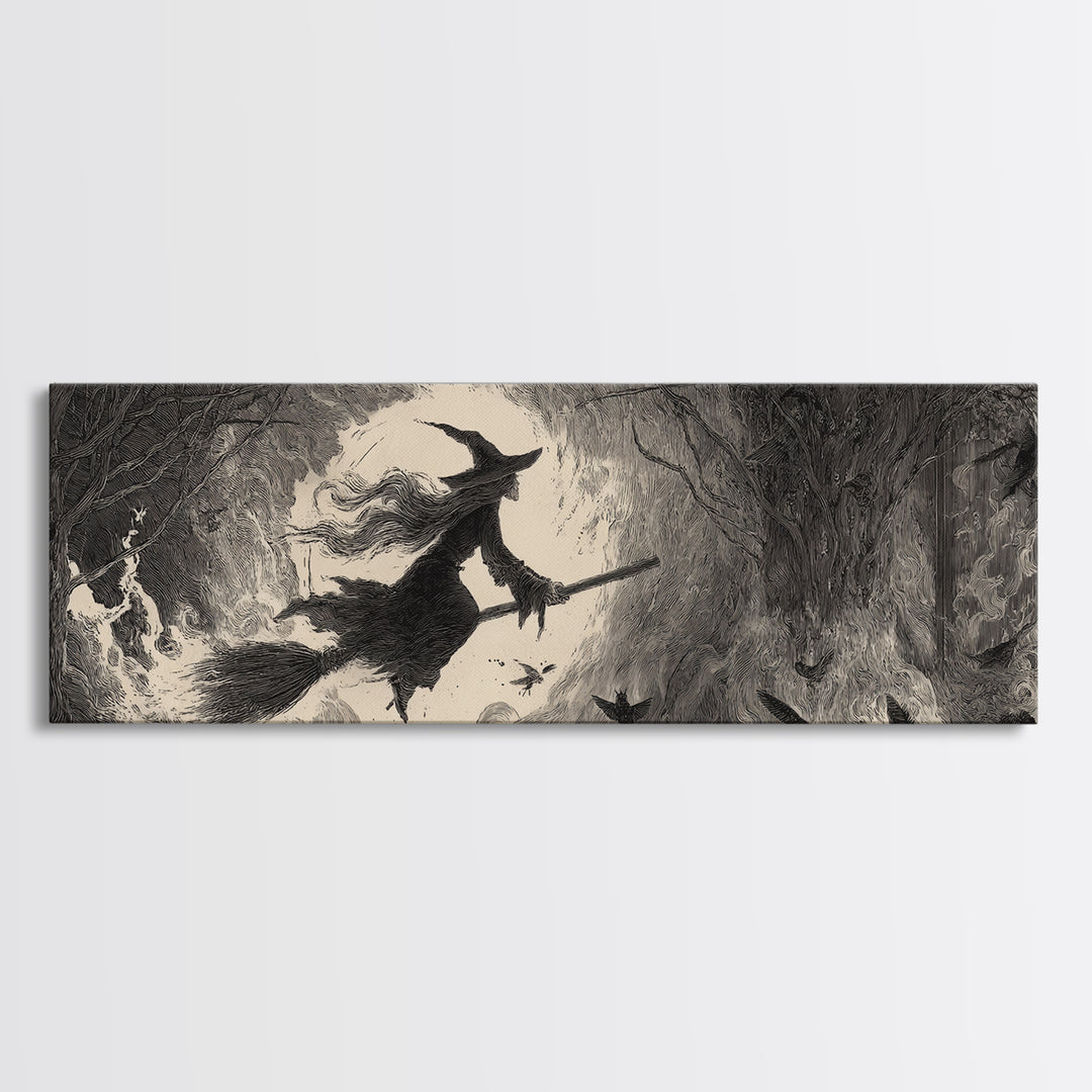 The Witch'S Broom, Expressionist Nightmare Art, Extra Wide Wall Art, Macabre Wall Art, Canvas Print, Halloween Wall Art, Spooky Wall Decor