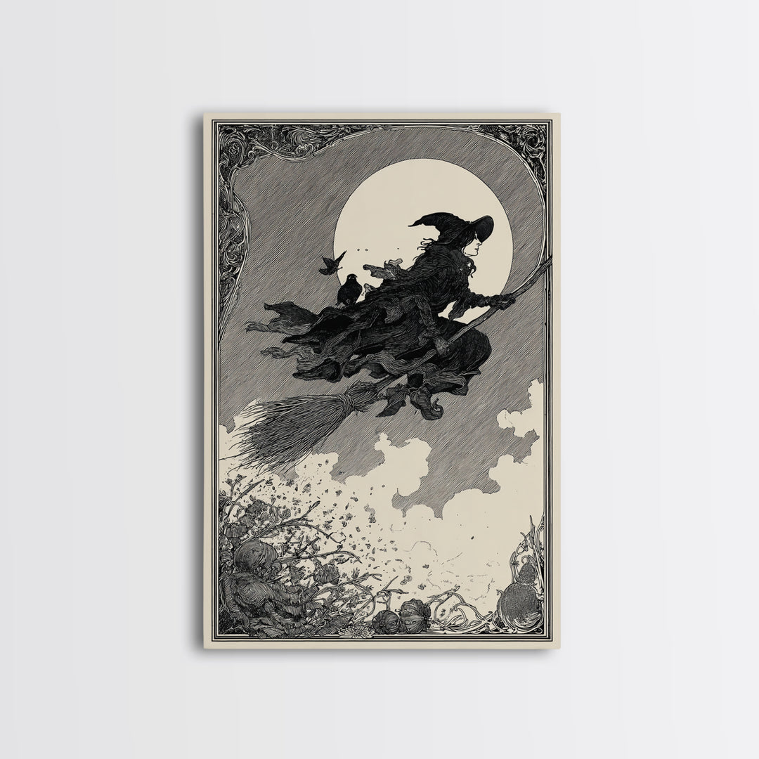 The Witch'S Broom, Decadent Line Art, Vertical Wall Art, Macabre Wall Art, Canvas Print, Halloween Wall Art, Gothic Home Decor