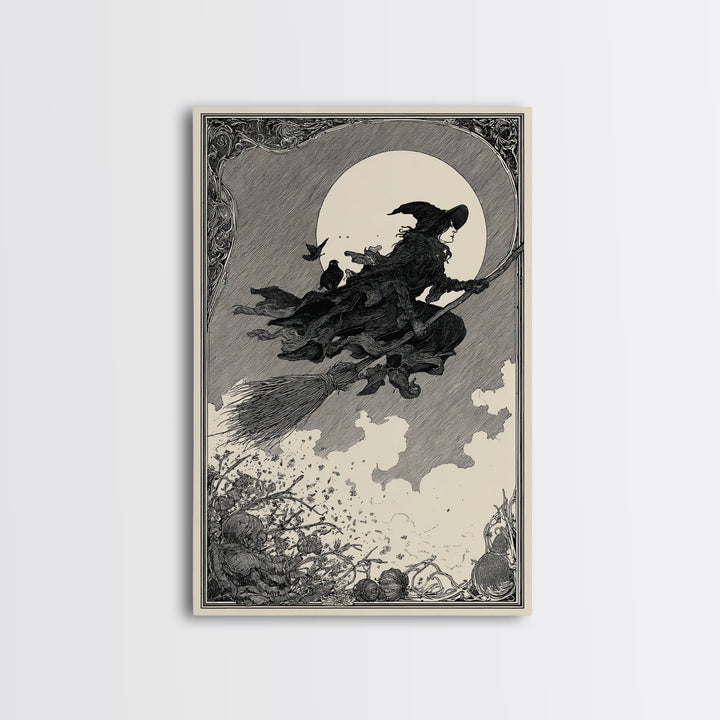 The Witch'S Broom, Decadent Line Art, Vertical Wall Art, Macabre Wall Art, Canvas Print, Halloween Wall Art, Gothic Home Decor