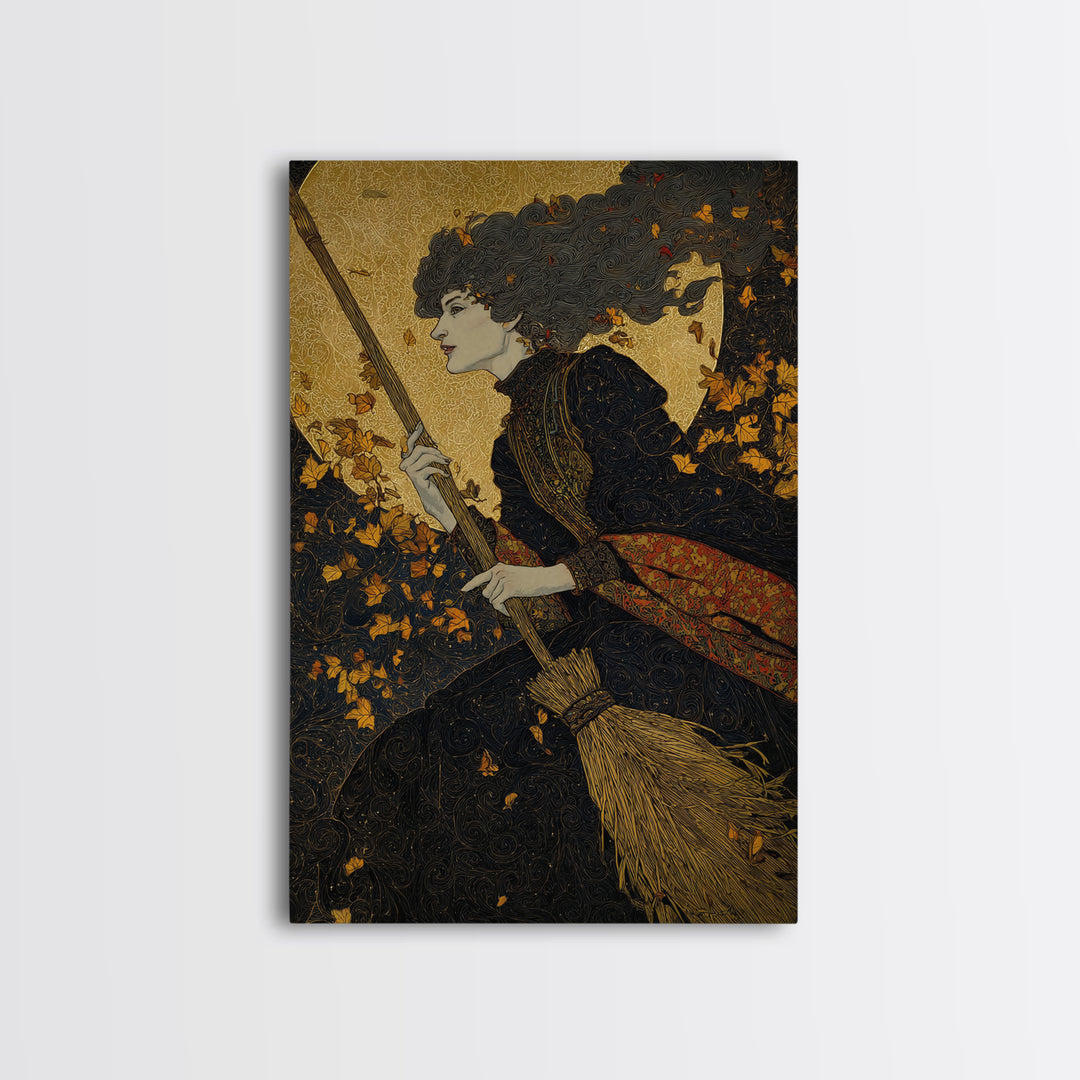 The Witch'S Broom, Stained Glass Gothic Art, Vertical Wall Art, Macabre Wall Art, Framed Canvas Print, Halloween Wall Art