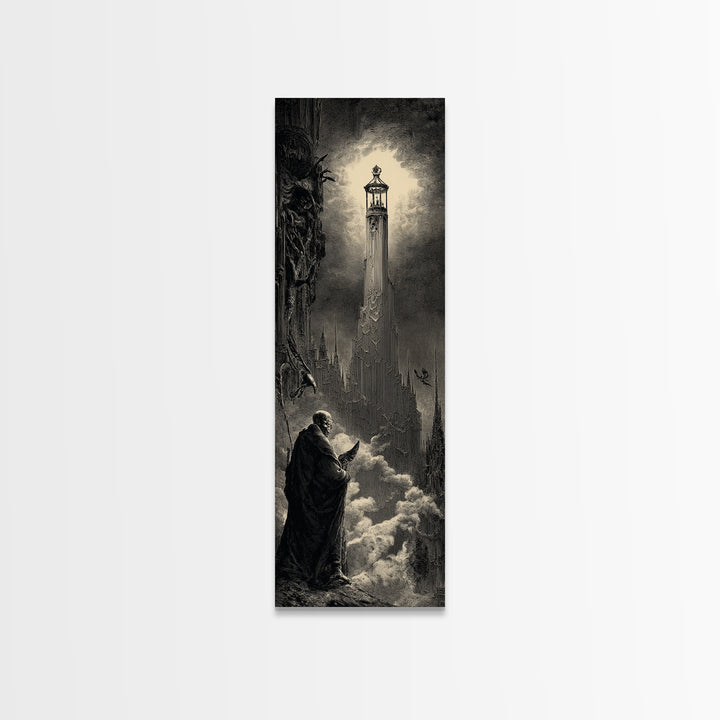The Bone-Handled Lantern, Gothic Engraving Art, Tall Narrow Wall Art, Dark Halloween Decor, Framed Canvas Print, Halloween Wall Art