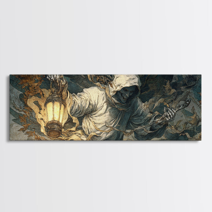 The Bone-Handled Lantern, Visionary Gothic Art, Extra Wide Wall Art, Dark Halloween Decor, Canvas Print, Halloween Wall Art