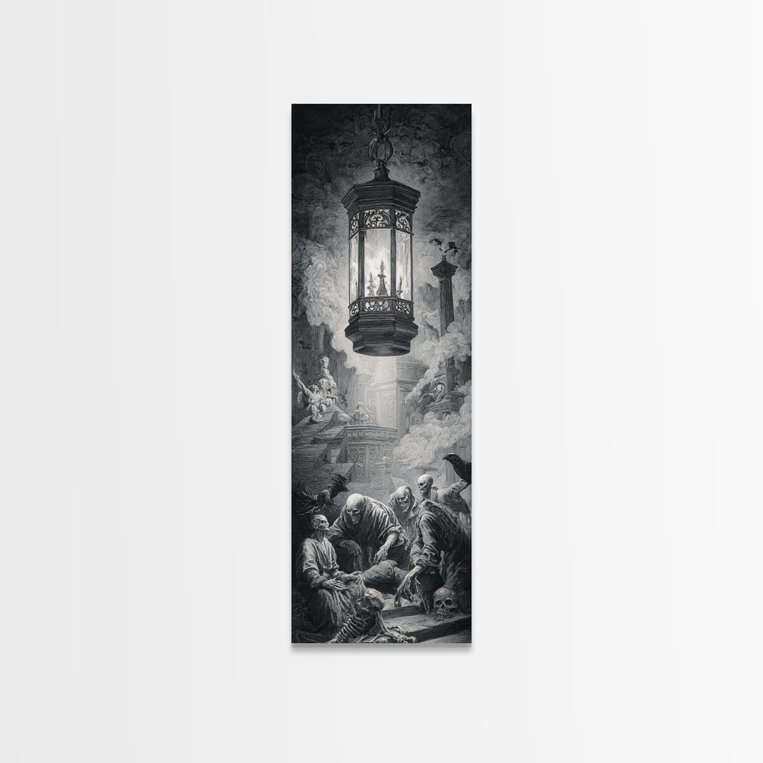 The Bone-Handled Lantern, Architectural Etching Art, Tall Narrow Wall Art, Dark Fantasy Wall Art, Framed Canvas Print
