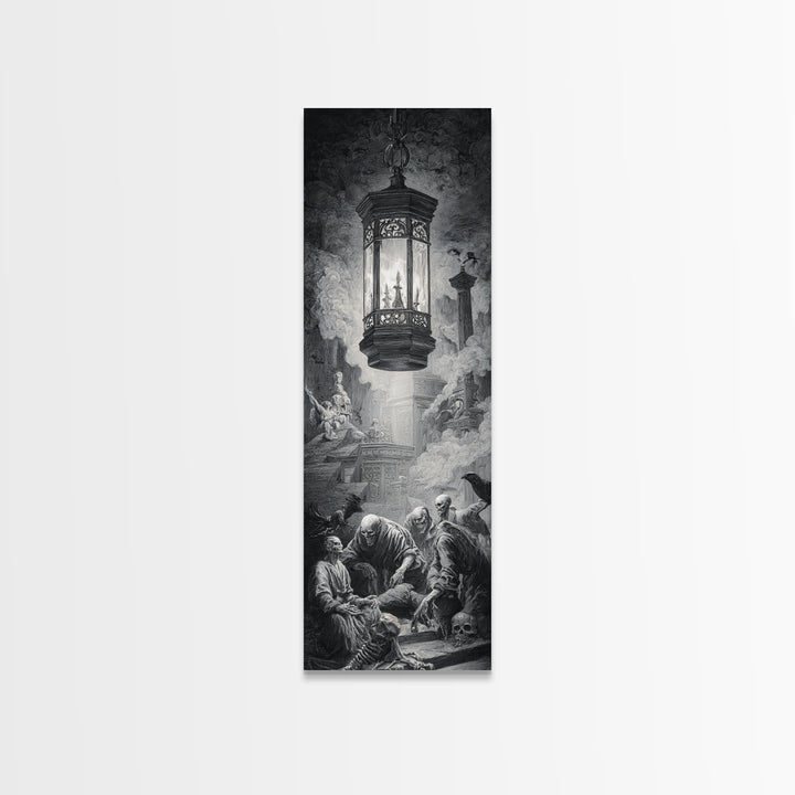 The Bone-Handled Lantern, Architectural Etching Art, Tall Narrow Wall Art, Dark Fantasy Wall Art, Framed Canvas Print