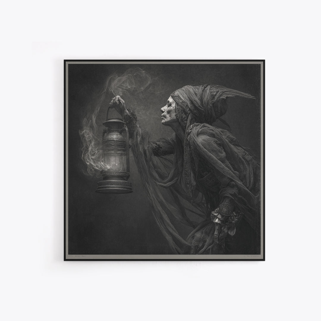 The Bone-Handled Lantern, Ornate Symbolist Art, Square Wall Art, Gothic Horror Wall Art, Framed Canvas Print, Halloween Wall Art