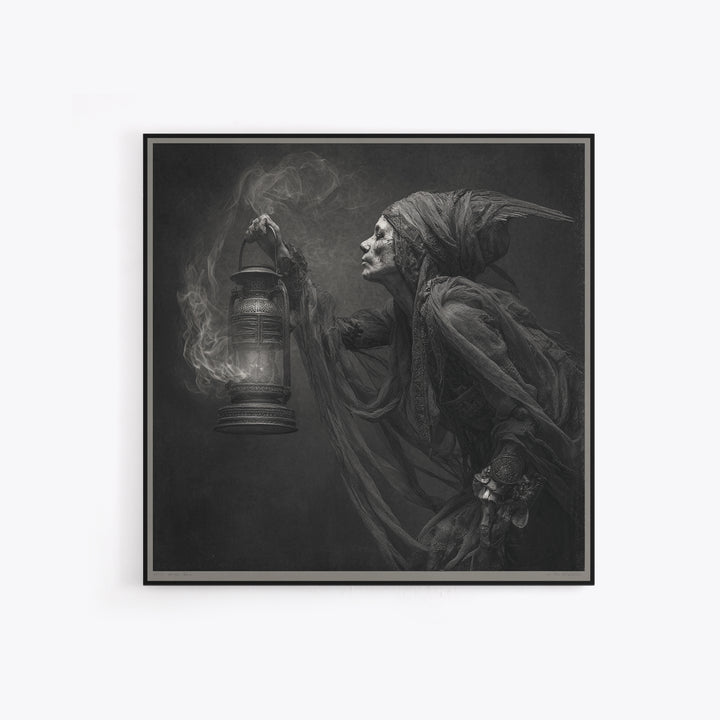 The Bone-Handled Lantern, Ornate Symbolist Art, Square Wall Art, Gothic Horror Wall Art, Framed Canvas Print, Halloween Wall Art