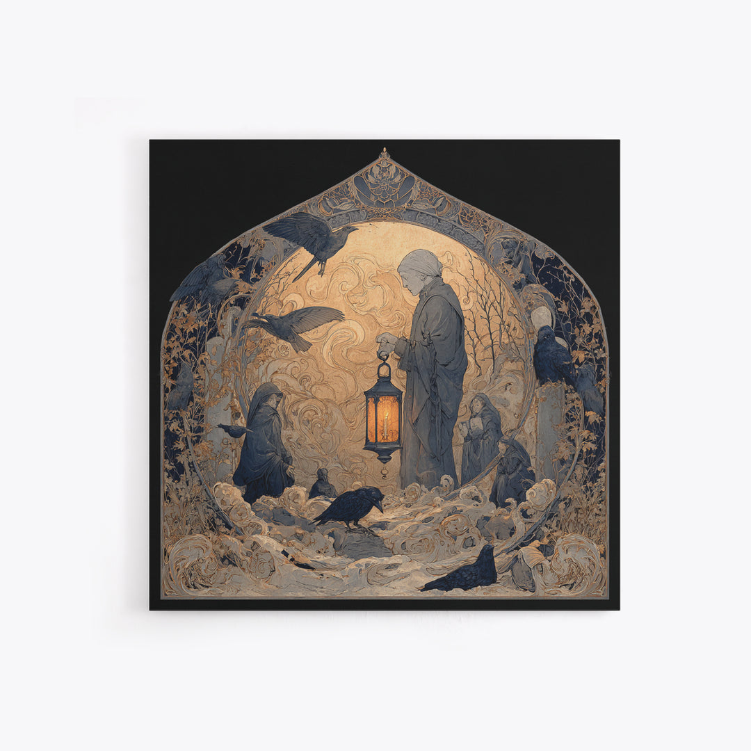 The Bone-Handled Lantern, Symbolist Death Art, Square Wall Art, Dark Halloween Decor, Framed Canvas Print, Halloween Wall Art