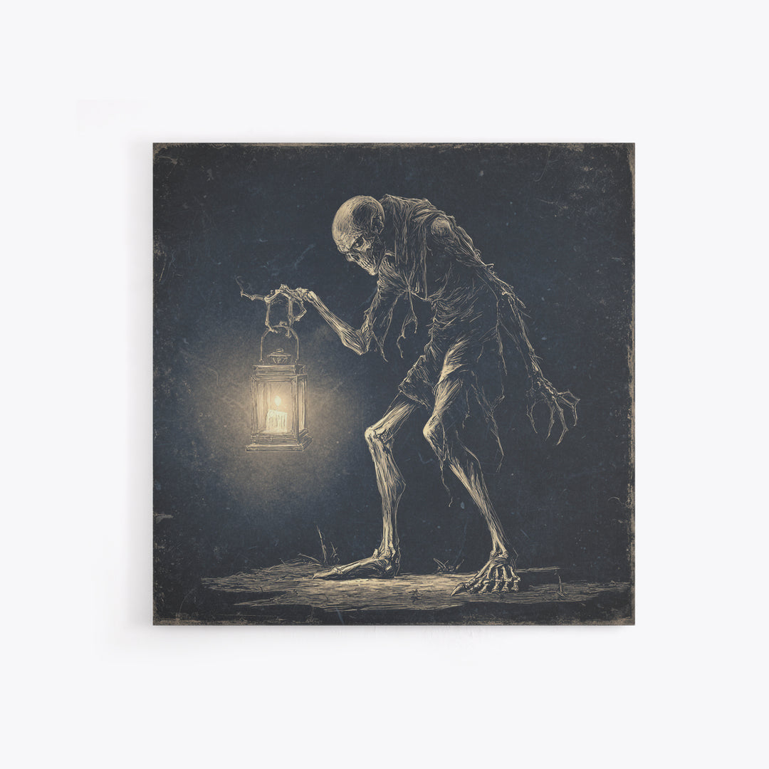 The Bone-Handled Lantern, Expressionist Nightmare Art, Square Wall Art, Dark Fantasy Wall Art, Framed Canvas Print, Halloween Wall Art