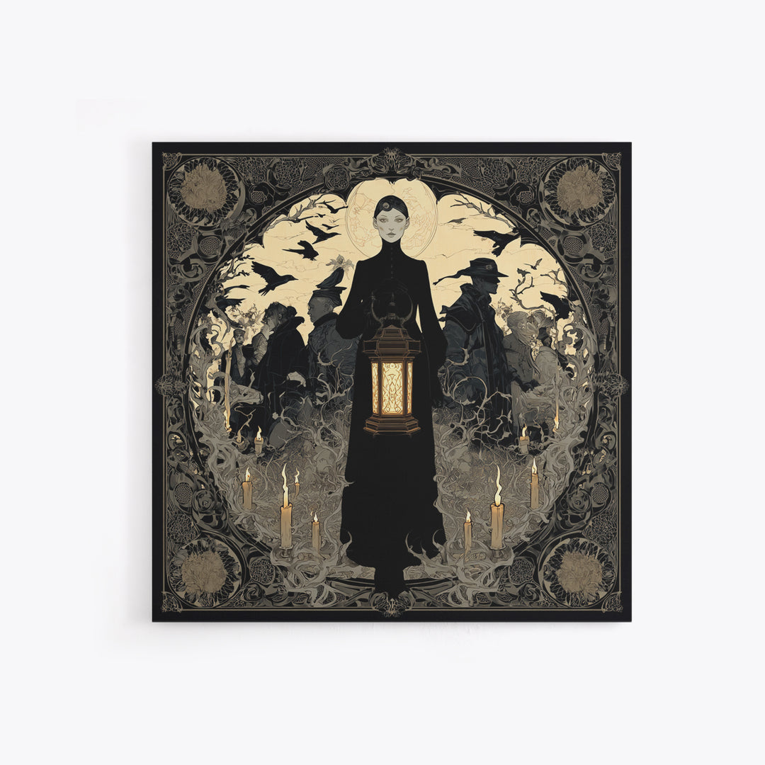 The Bone-Handled Lantern, Decadent Line Art, Square Wall Art, Gothic Horror Wall Art, Framed Canvas Print, Halloween Wall Art