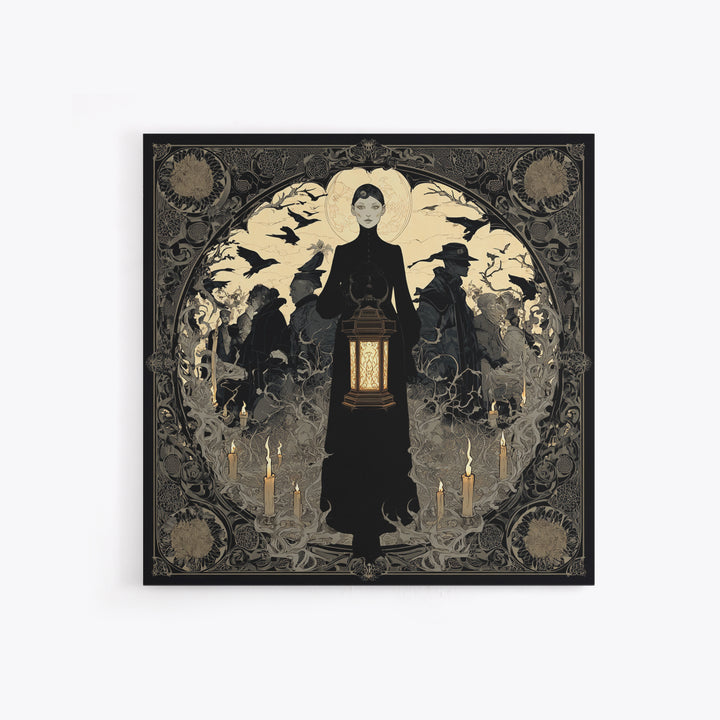 The Bone-Handled Lantern, Decadent Line Art, Square Wall Art, Gothic Horror Wall Art, Framed Canvas Print, Halloween Wall Art