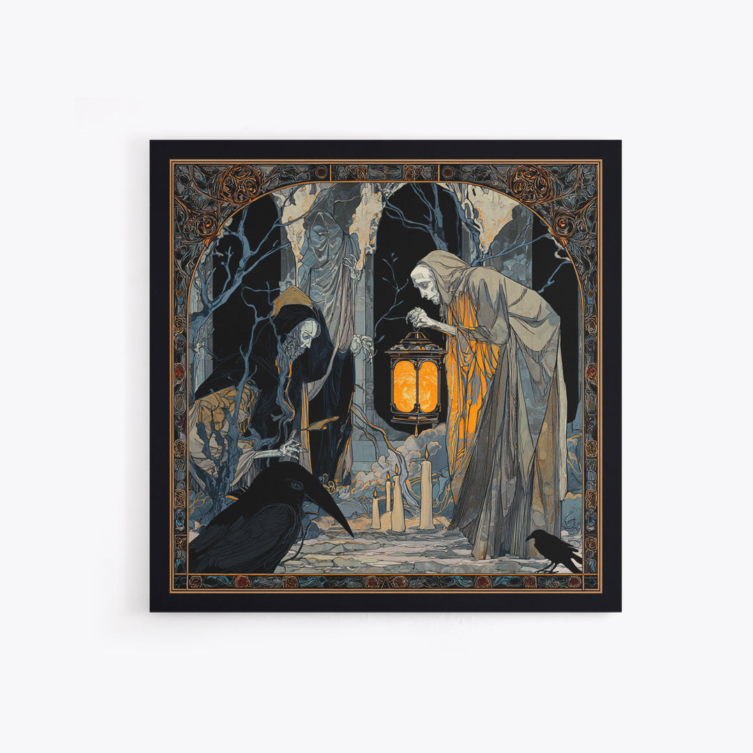 The Bone-Handled Lantern, Stained Glass Gothic Art, Square Wall Art, Gothic Horror Wall Art, Framed Canvas Print, Halloween Wall Art
