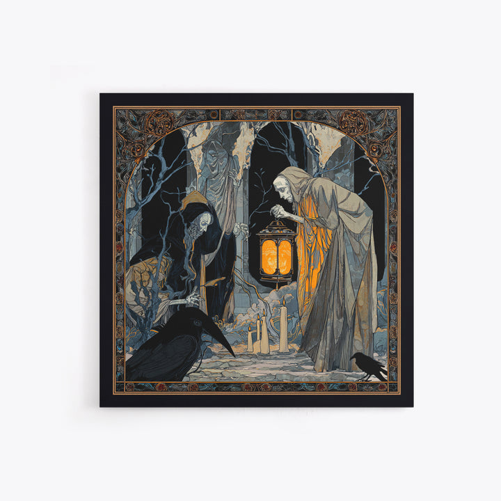 The Bone-Handled Lantern, Stained Glass Gothic Art, Square Wall Art, Gothic Horror Wall Art, Framed Canvas Print, Halloween Wall Art