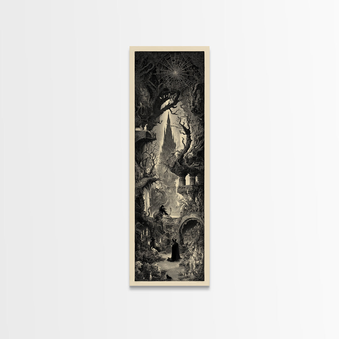 The Spiderweb Crown, Gothic Engraving Art, Tall Narrow Wall Art, Dark Fantasy Wall Art, Framed Canvas Print, Halloween Wall Art