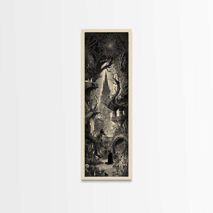 The Spiderweb Crown, Gothic Engraving Art, Tall Narrow Wall Art, Dark Fantasy Wall Art, Framed Canvas Print, Halloween Wall Art