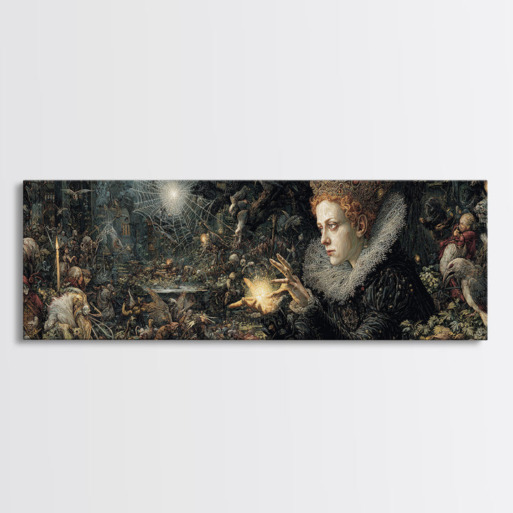 The Spiderweb Crown, Medieval Grotesque Art, Extra Wide Wall Art, Dark Fantasy Wall Art, Framed Canvas Print, Halloween Wall Art