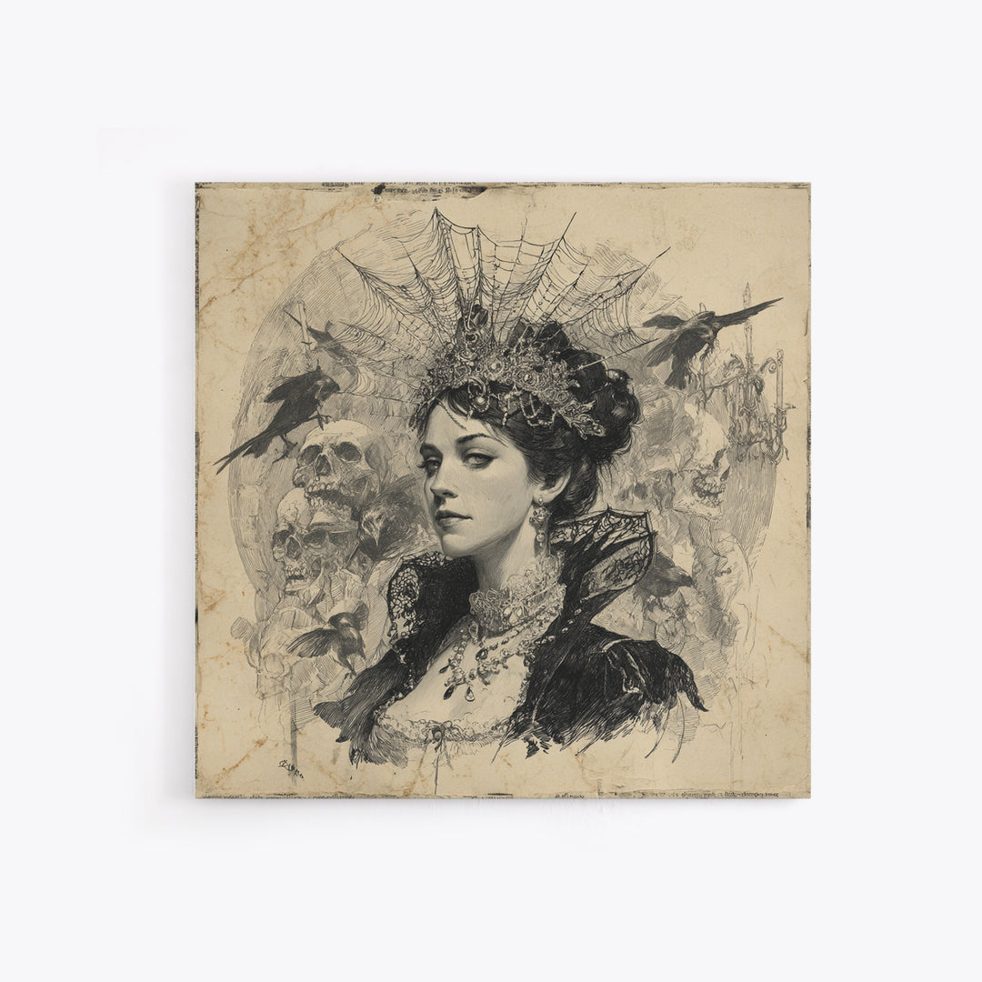 The Spiderweb Crown, Decadent Gothic Art, Square Wall Art, Dark Halloween Decor, Framed Canvas Print, Halloween Wall Art
