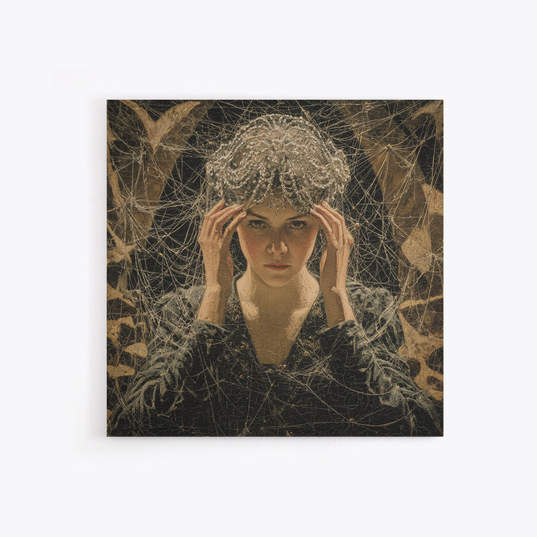 The Spiderweb Crown, Dark Symbolist Art, Square Wall Art, Dark Halloween Decor, Framed Canvas Print, Halloween Wall Art