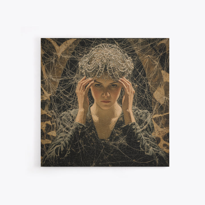 The Spiderweb Crown, Dark Symbolist Art, Square Wall Art, Dark Halloween Decor, Framed Canvas Print, Halloween Wall Art