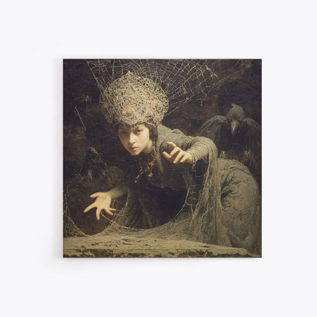 The Spiderweb Crown, Symbolist Etching Art, Square Wall Art, Dark Fantasy Wall Art, Canvas Print, Halloween Wall Art