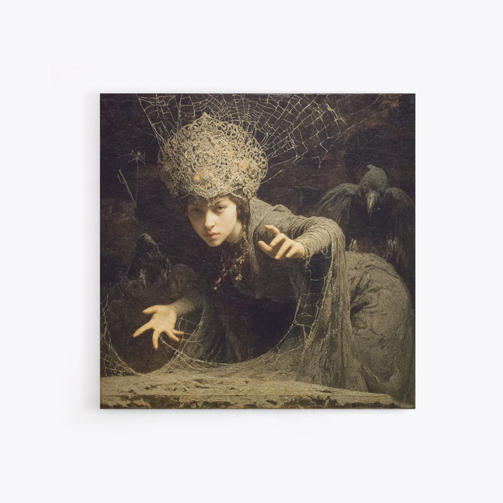 The Spiderweb Crown, Symbolist Etching Art, Square Wall Art, Dark Fantasy Wall Art, Canvas Print, Halloween Wall Art