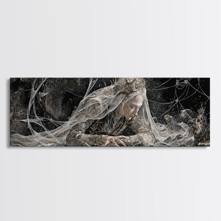 The Spiderweb Crown, Expressionist Nightmare Art, Extra Wide Wall Art, Macabre Wall Art, Framed Canvas Print, Halloween Wall Art