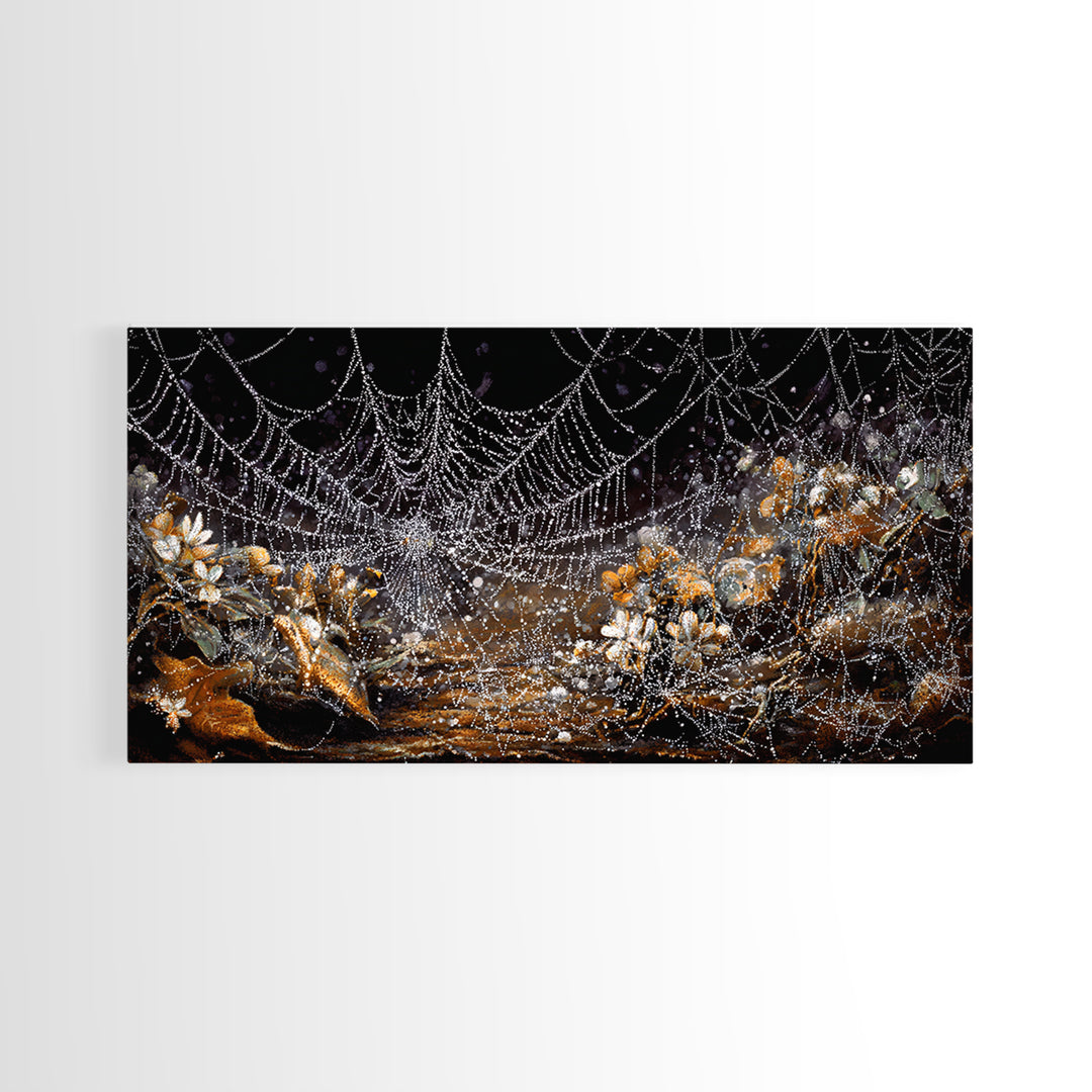The Spiderweb Crown, Grotesque Carnival Art, Wide Panoramic Art, Dark Halloween Decor, Framed Canvas Print, Halloween Wall Art