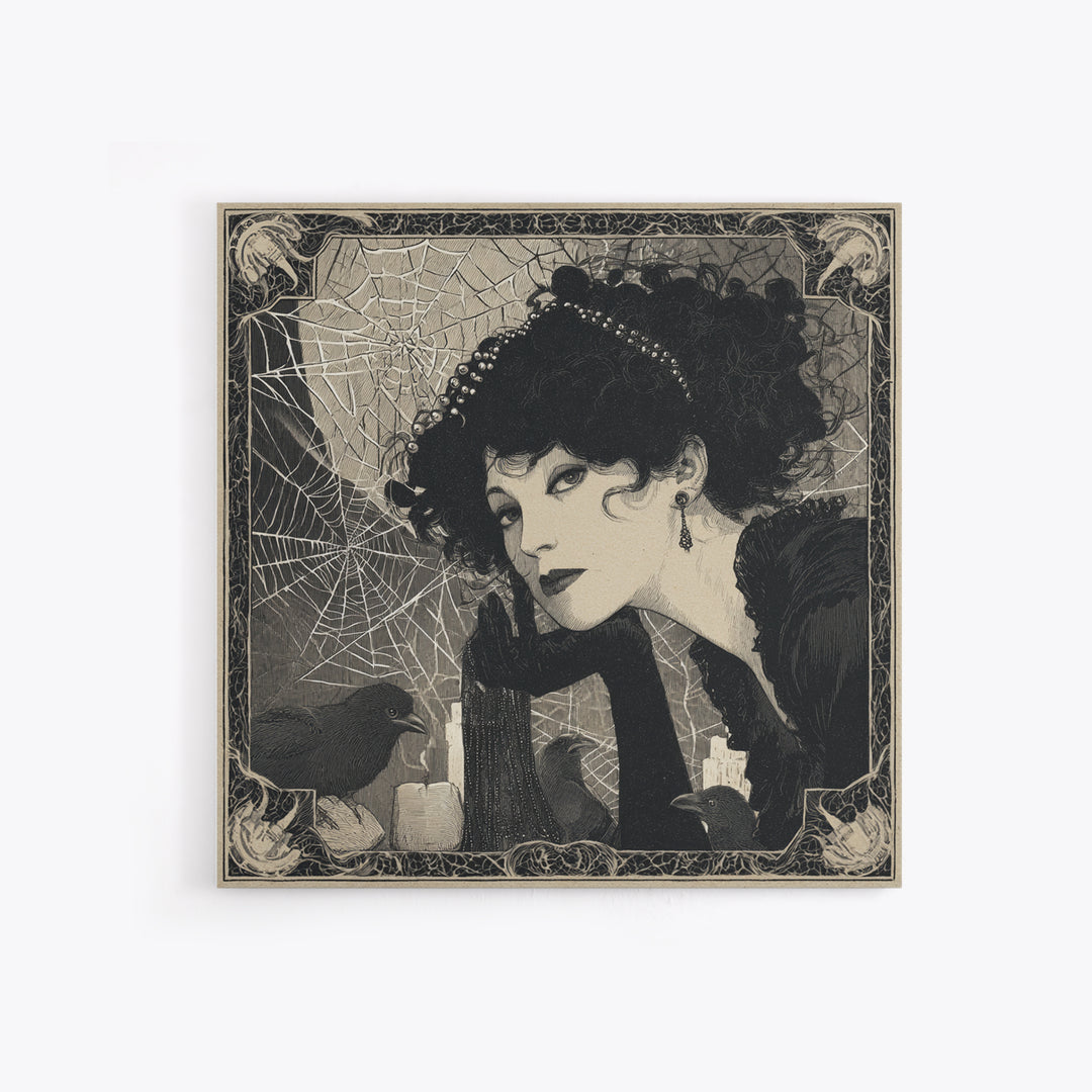 The Spiderweb Crown, Decadent Line Art, Square Wall Art, Gothic Horror Wall Art, Canvas Print, Halloween Wall Art
