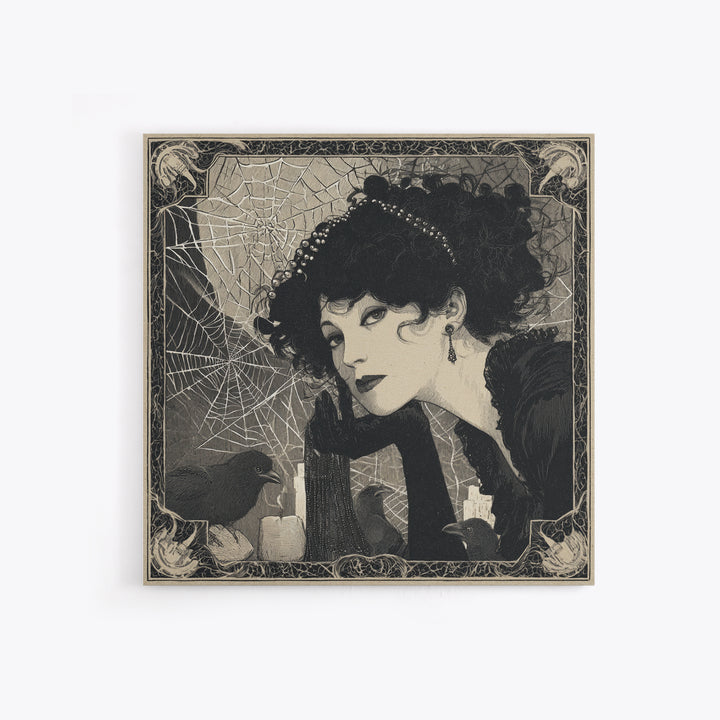 The Spiderweb Crown, Decadent Line Art, Square Wall Art, Gothic Horror Wall Art, Canvas Print, Halloween Wall Art