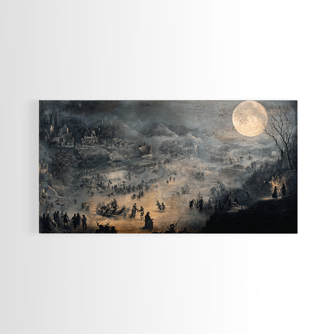 The Moonstone Amulet, Northern Renaissance Horror, Wide Panoramic Art, Dark Halloween Decor, Framed Canvas Print