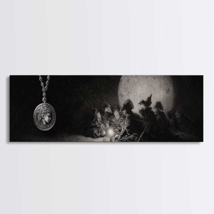 The Moonstone Amulet, Renaissance Engraving Art, Extra Wide Wall Art, Macabre Wall Art, Canvas Print, Halloween Wall Art