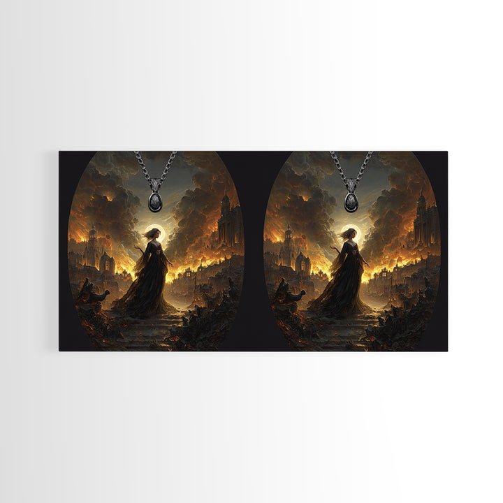 The Moonstone Amulet, Apocalyptic Romantic Art, Wide Panoramic Art, Dark Fantasy Wall Art, Framed Canvas Print, Halloween Wall Art