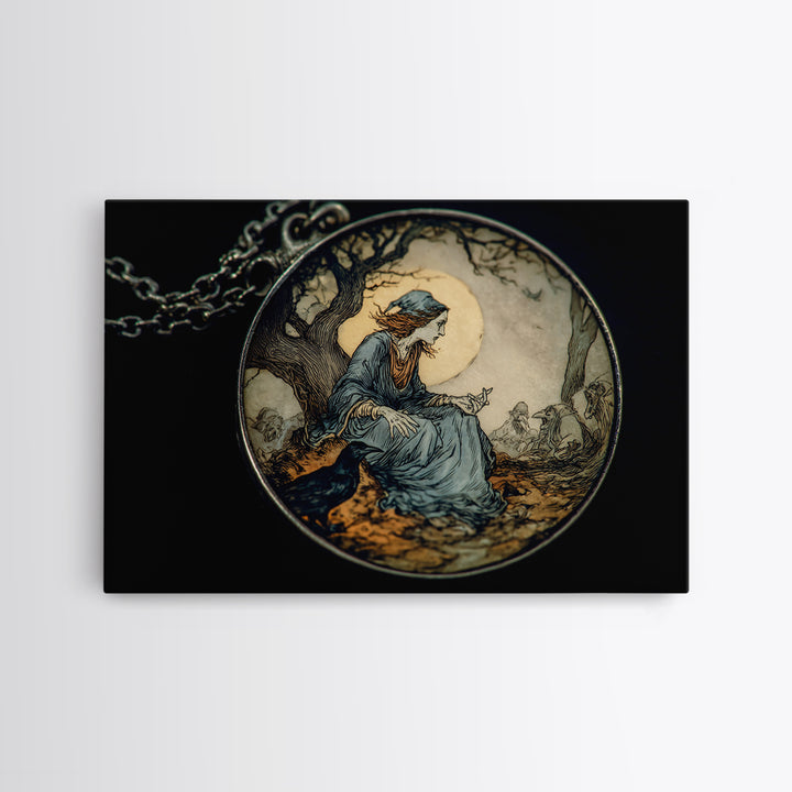 The Moonstone Amulet, Gothic Storybook Art, Landscape Wall Art, Macabre Wall Art, Canvas Print, Halloween Wall Art, Dark Fantasy Art