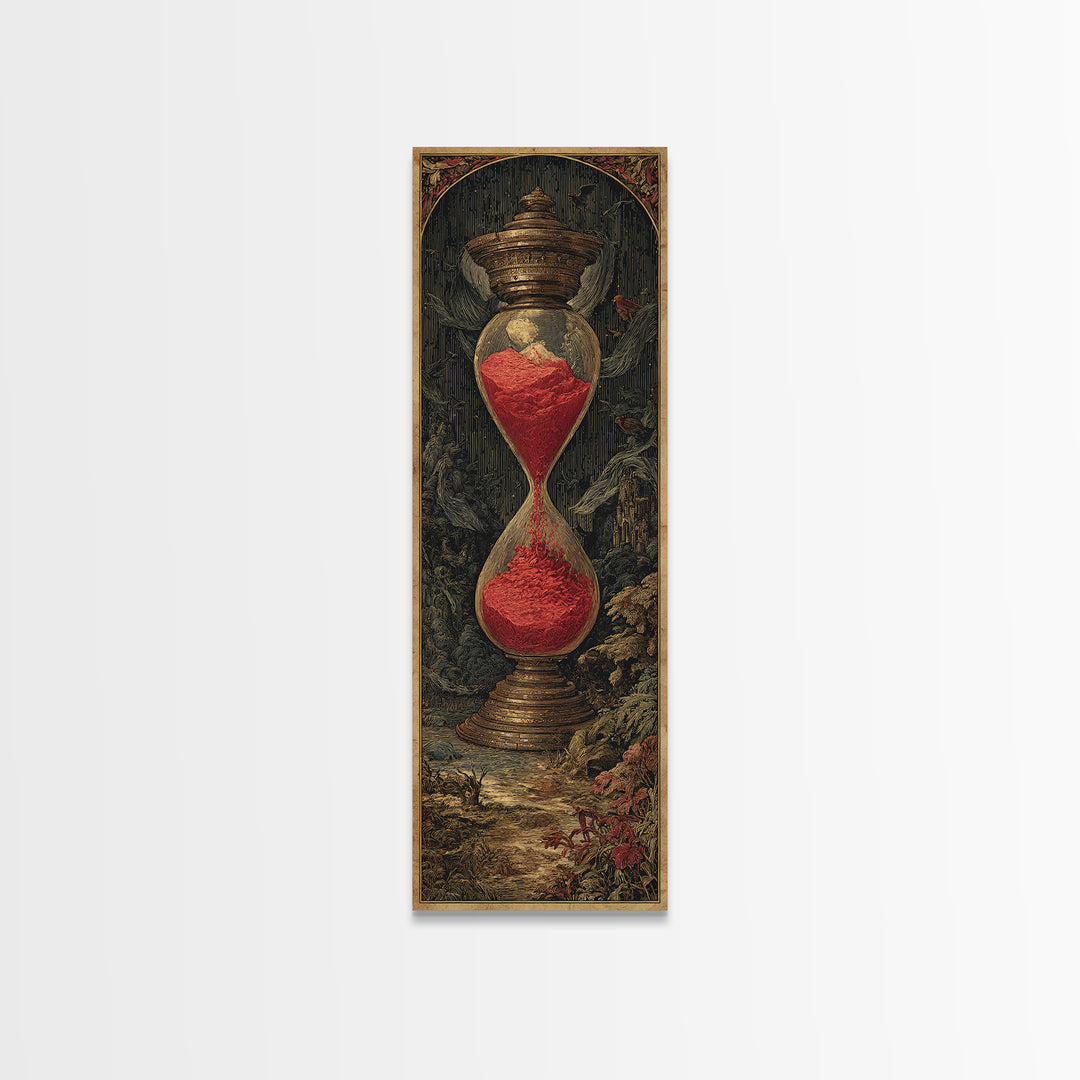 The Crimson Hourglass, Gothic Engraving Art, Tall Narrow Wall Art, Dark Halloween Decor, Framed Canvas Print, Halloween Wall Art