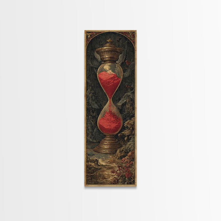 The Crimson Hourglass, Gothic Engraving Art, Tall Narrow Wall Art, Dark Halloween Decor, Framed Canvas Print, Halloween Wall Art