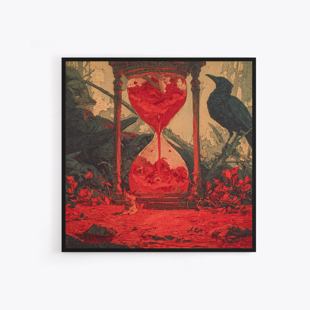 The Crimson Hourglass, Symbolist Etching Art, Square Wall Art, Gothic Horror Wall Art, Canvas Print, Halloween Wall Art