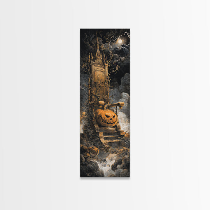 The Jack-O'-Lantern Throne, Gothic Engraving Art, Tall Narrow Wall Art, Dark Halloween Decor, Framed Canvas Print, Halloween Wall Art