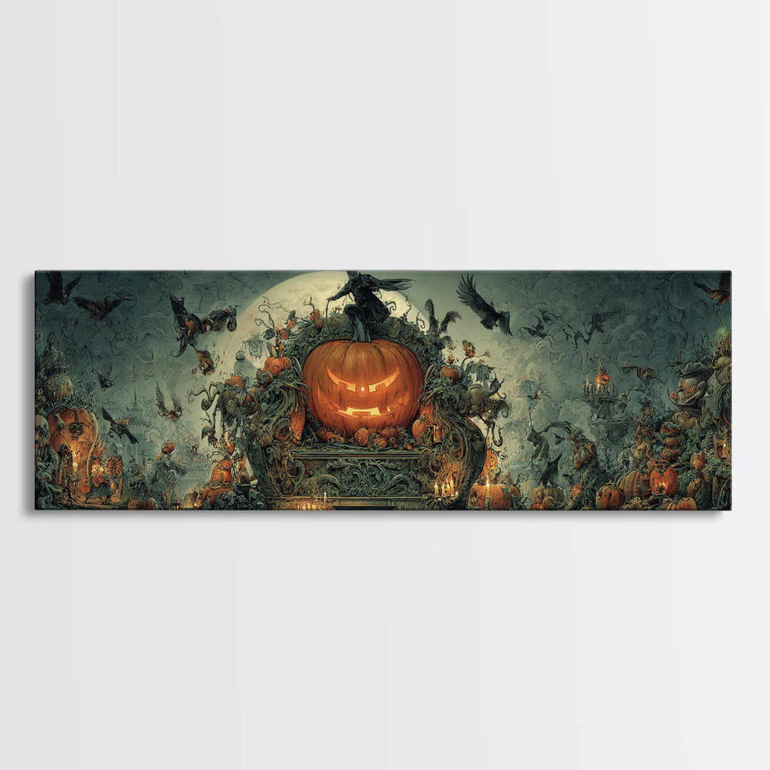 The Jack-O'-Lantern Throne, Medieval Grotesque Art, Extra Wide Wall Art, Dark Fantasy Wall Art, Framed Canvas Print