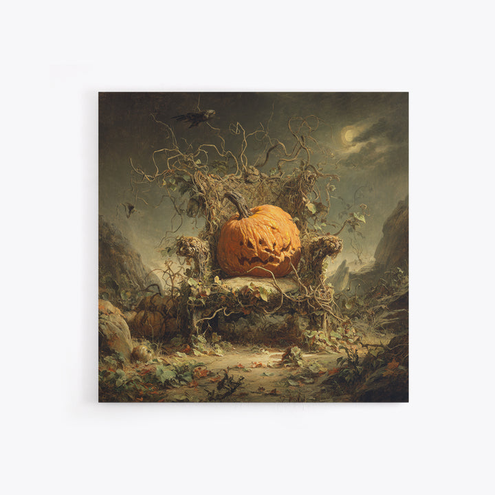The Jack-O'-Lantern Throne, Baroque Witchcraft Art, Square Wall Art, Dark Halloween Decor, Framed Canvas Print, Halloween Wall Art