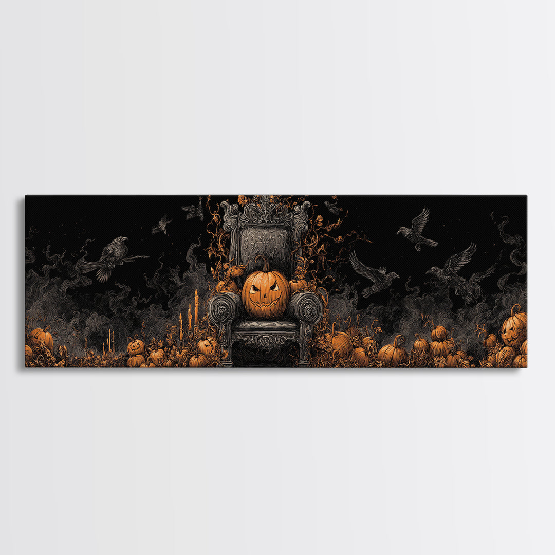 The Jack-O'-Lantern Throne, Dark Romantic Horror Art, Extra Wide Wall Art, Macabre Wall Art, Framed Canvas Print, Halloween Wall Art