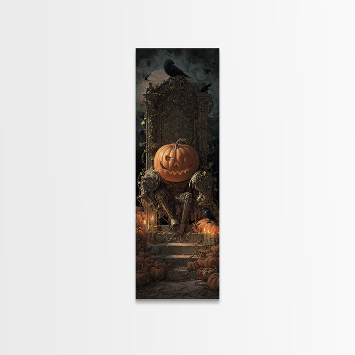 The Jack-O'-Lantern Throne, Architectural Etching Art, Tall Narrow Wall Art, Dark Halloween Decor, Canvas Print