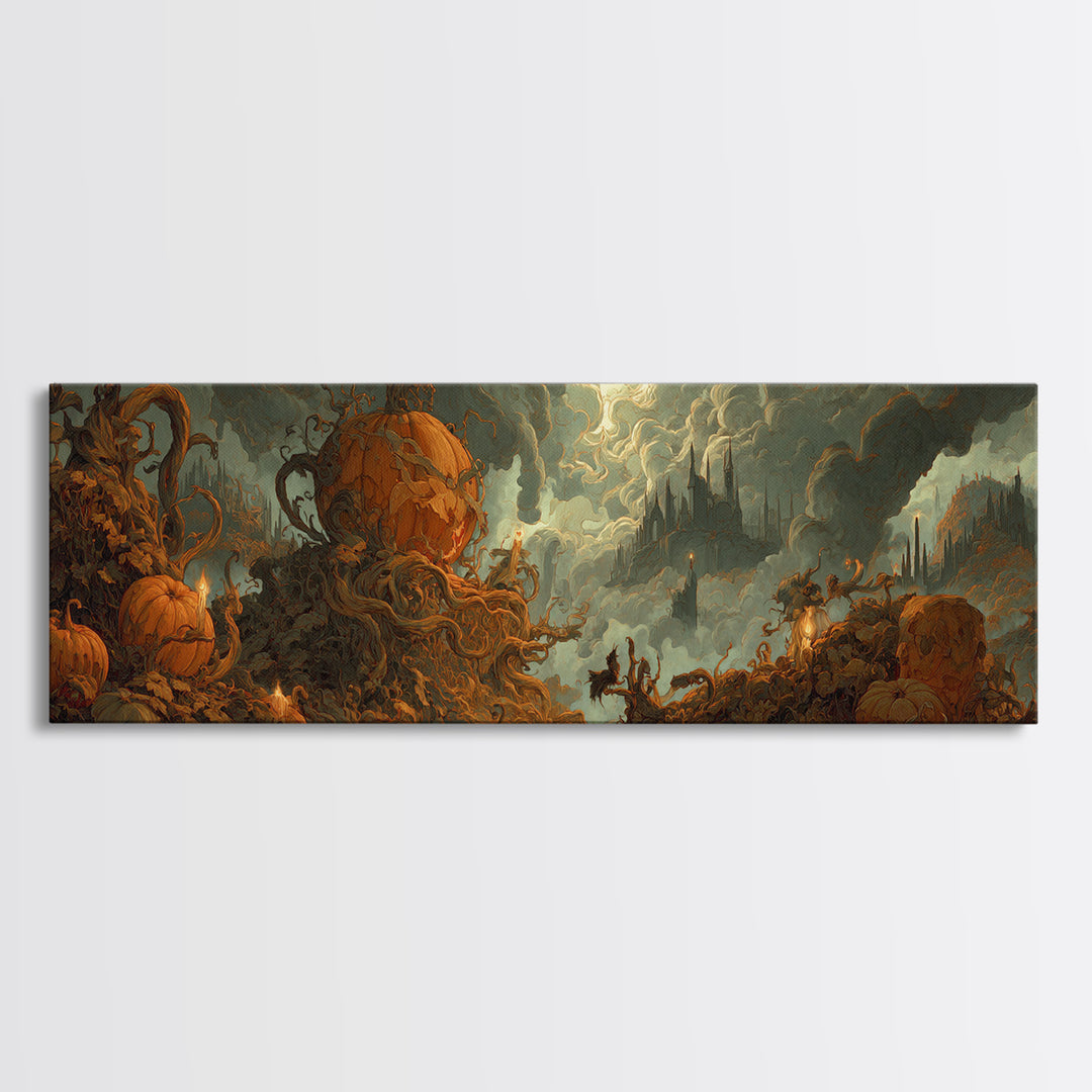 The Jack-O'-Lantern Throne, Apocalyptic Romantic Art, Extra Wide Wall Art, Macabre Wall Art, Framed Canvas Print, Halloween Wall Art