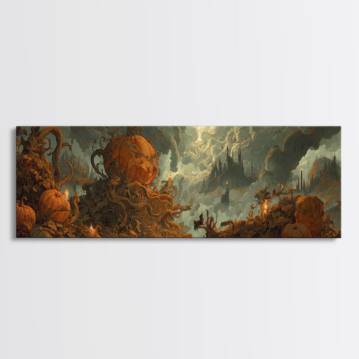 The Jack-O'-Lantern Throne, Apocalyptic Romantic Art, Extra Wide Wall Art, Macabre Wall Art, Framed Canvas Print, Halloween Wall Art