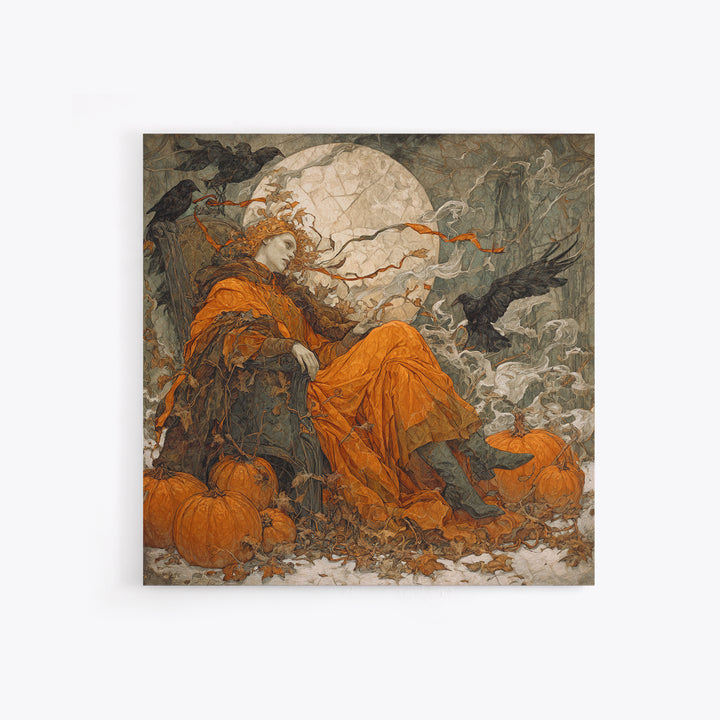 The Jack-O'-Lantern Throne, Symbolist Death Art, Square Wall Art, Dark Fantasy Wall Art, Framed Canvas Print, Halloween Wall Art
