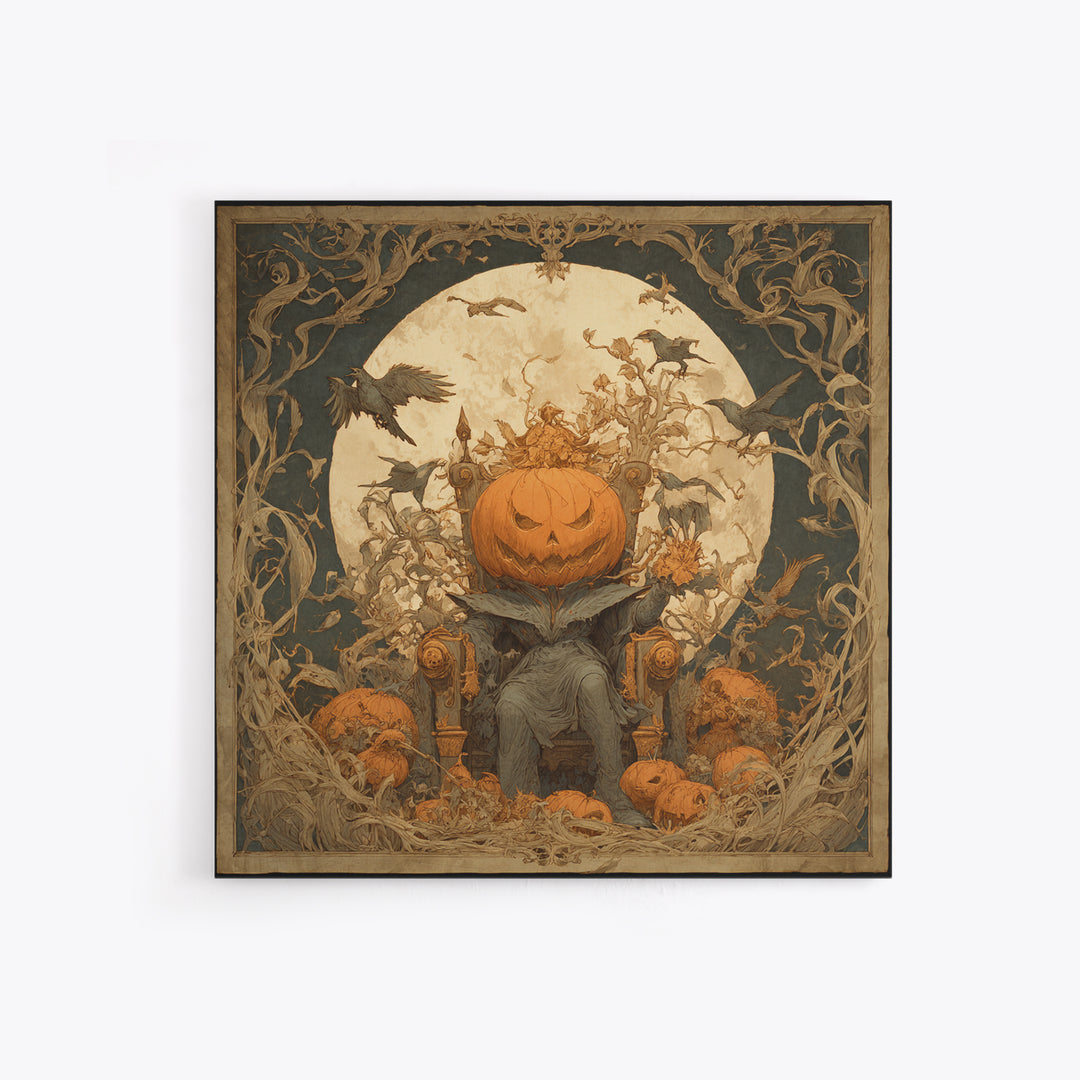The Jack-O'-Lantern Throne, Symbolist Etching Art, Square Wall Art, Gothic Horror Wall Art, Framed Canvas Print, Halloween Wall Art