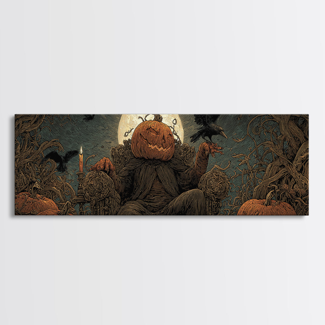 The Jack-O'-Lantern Throne, Expressionist Nightmare Art, Extra Wide Wall Art, Macabre Wall Art, Canvas Print, Halloween Wall Art
